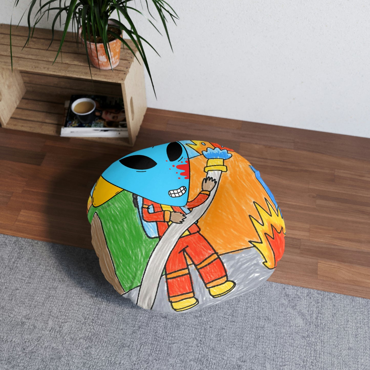 Fireman Fire Fighter Alien Blue Blood Visitor Hero Tufted Floor Pillow, Round