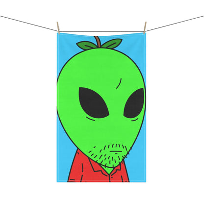 Alien con cabeza de manzana verde, camisa con cuello rojo sin afeitar, toalla de cocina para visitante 