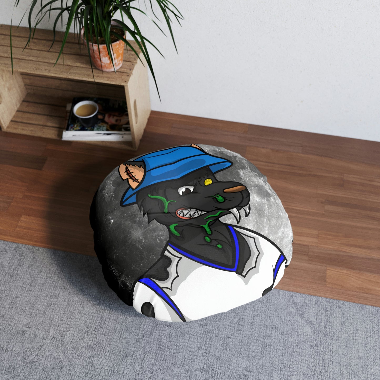 Almohada de suelo capitoné con lobo de hombre lobo Cyborg de luna llena, redonda 