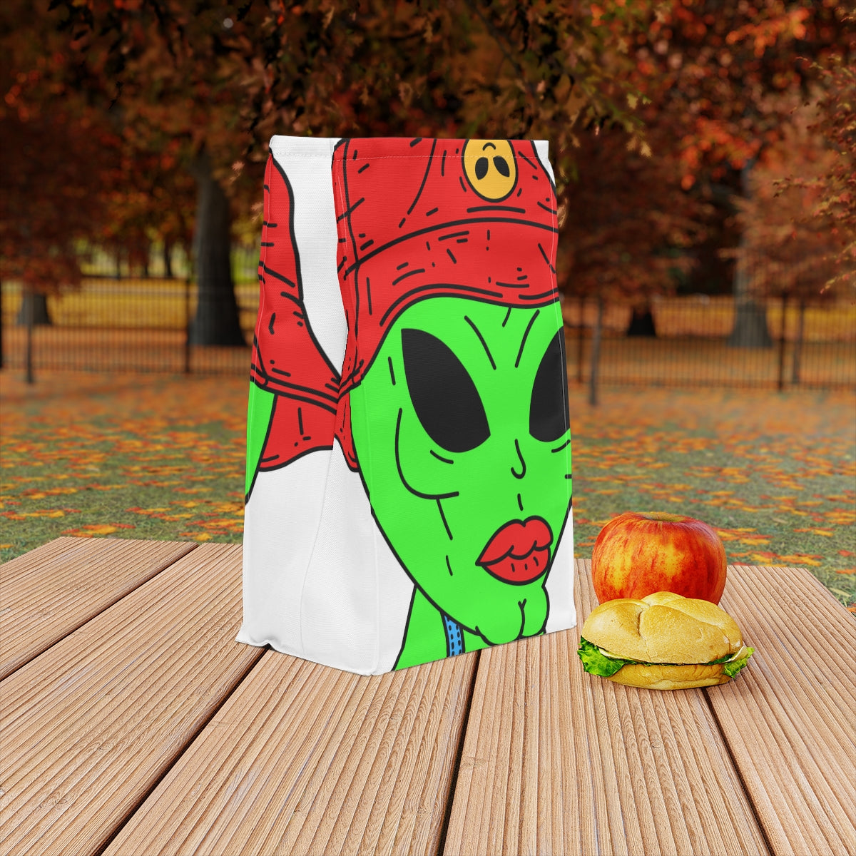 Old Green Alien Strong Chin Red Visi Hat Farmer Trouser Visitor Polyester Lunch Bag