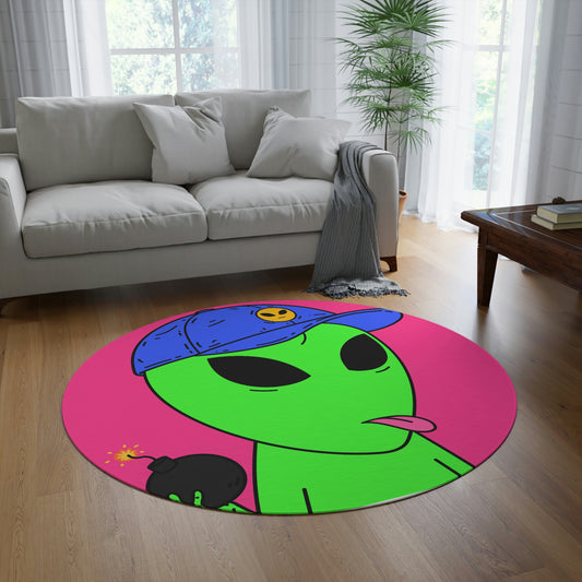 Green Alien Bomb Wield Hand Blue Visi Hat Visitor Round Rug - Visitor751