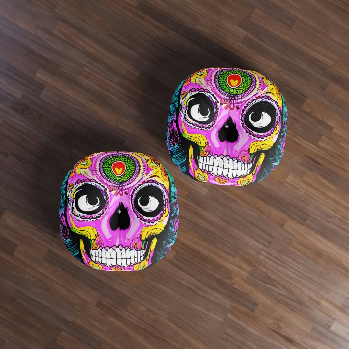 Trippy psychedelic Skull Skeleton Head Face Tufted Floor Pillow, Round