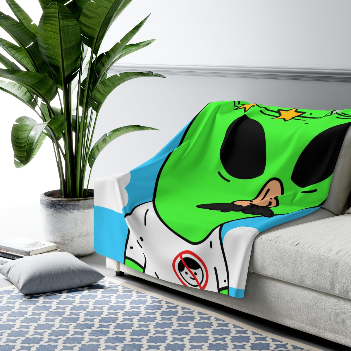 Alien Green Star Head Fake Nose Mustache Imposter Anti Human Visitor Sherpa Fleece Blanket