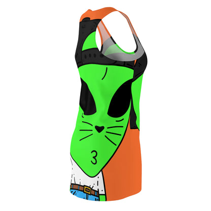 Cat Whiskers Visitor Green Alien Heart Nose Black Cap Women's Cut & Sew Racerback Dress (AOP)