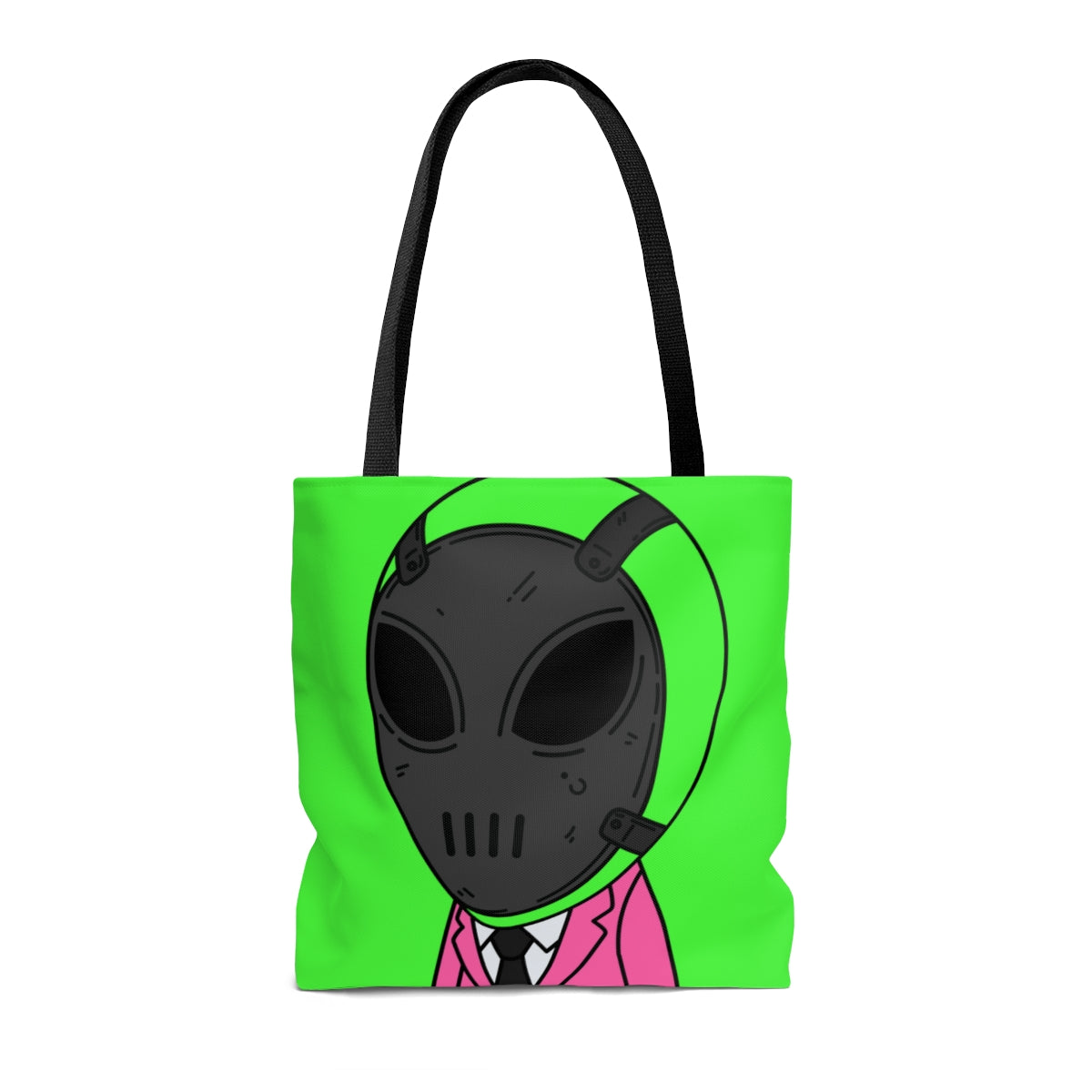 Green Alien Black Space UFO Mask Pink Suit Visitor AOP Tote Bag