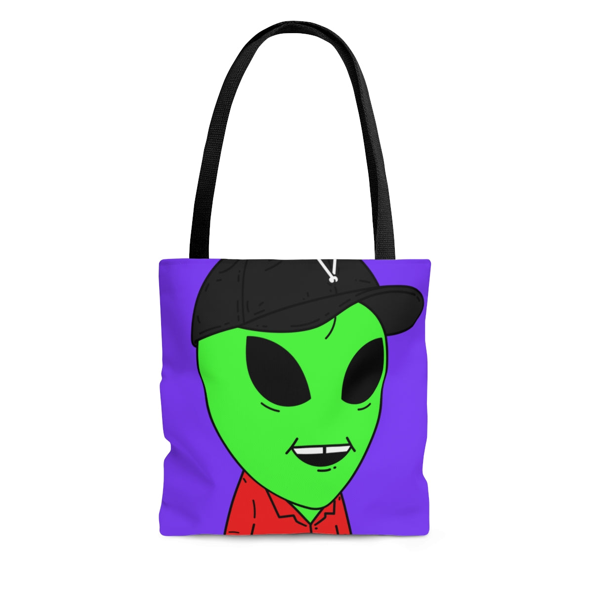 Missing Tooth Smile Red Collar Green Alien with Visitor V Black Hat AOP Tote Bag