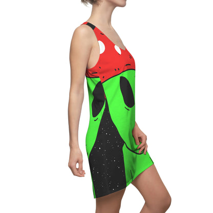 Mushroom Head Green Alien Visitor w/ Red Lips Women's Cut & Sew Racerback Dress (AOP)