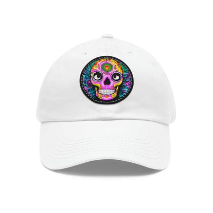 Trippy psychedelic Skull Skeleton Head Face Dad Hat with Leather Patch (Round)