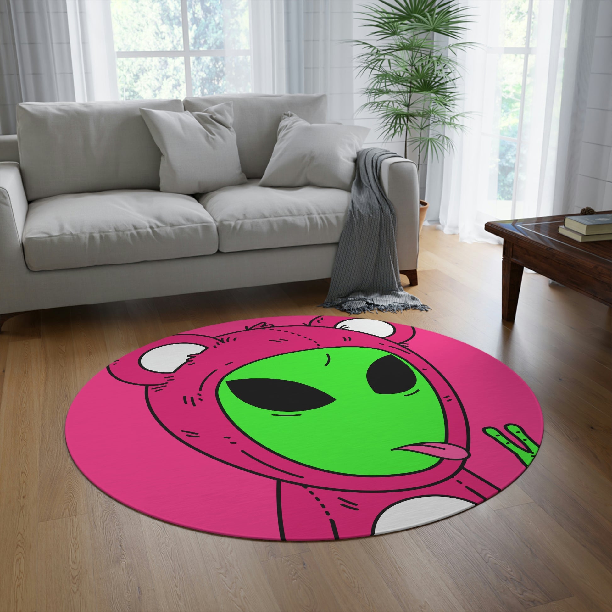 Pink Bear Green Peace Hand Tongue Visitor Alien Round Rug - Visitor751