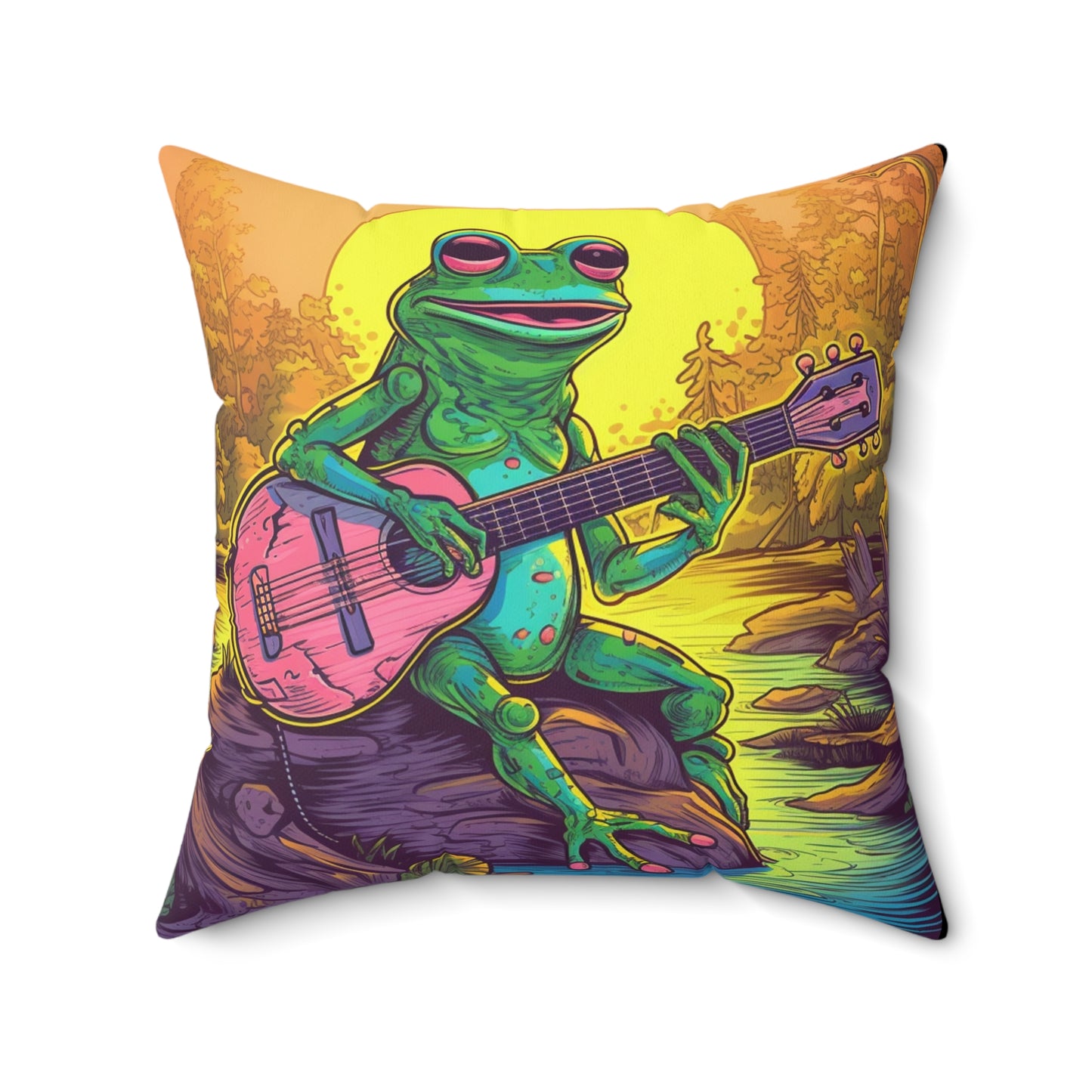 Pink Guitar Swamo Frog Outdoor Adventure Music Graphic Spun Polyester Square Pillow