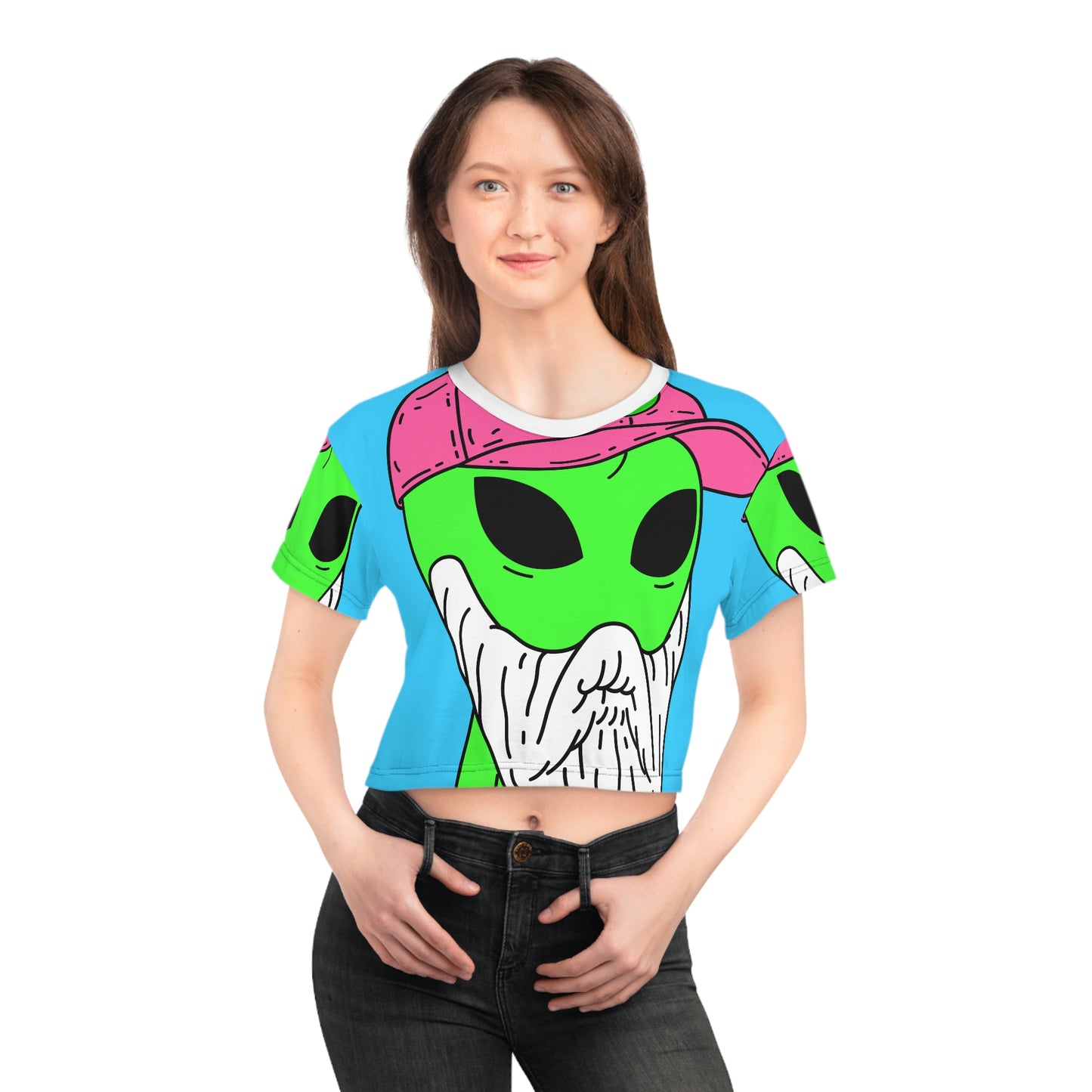 Beard Visitor Pink Hat Alien Cartoon Crop Tee (AOP)