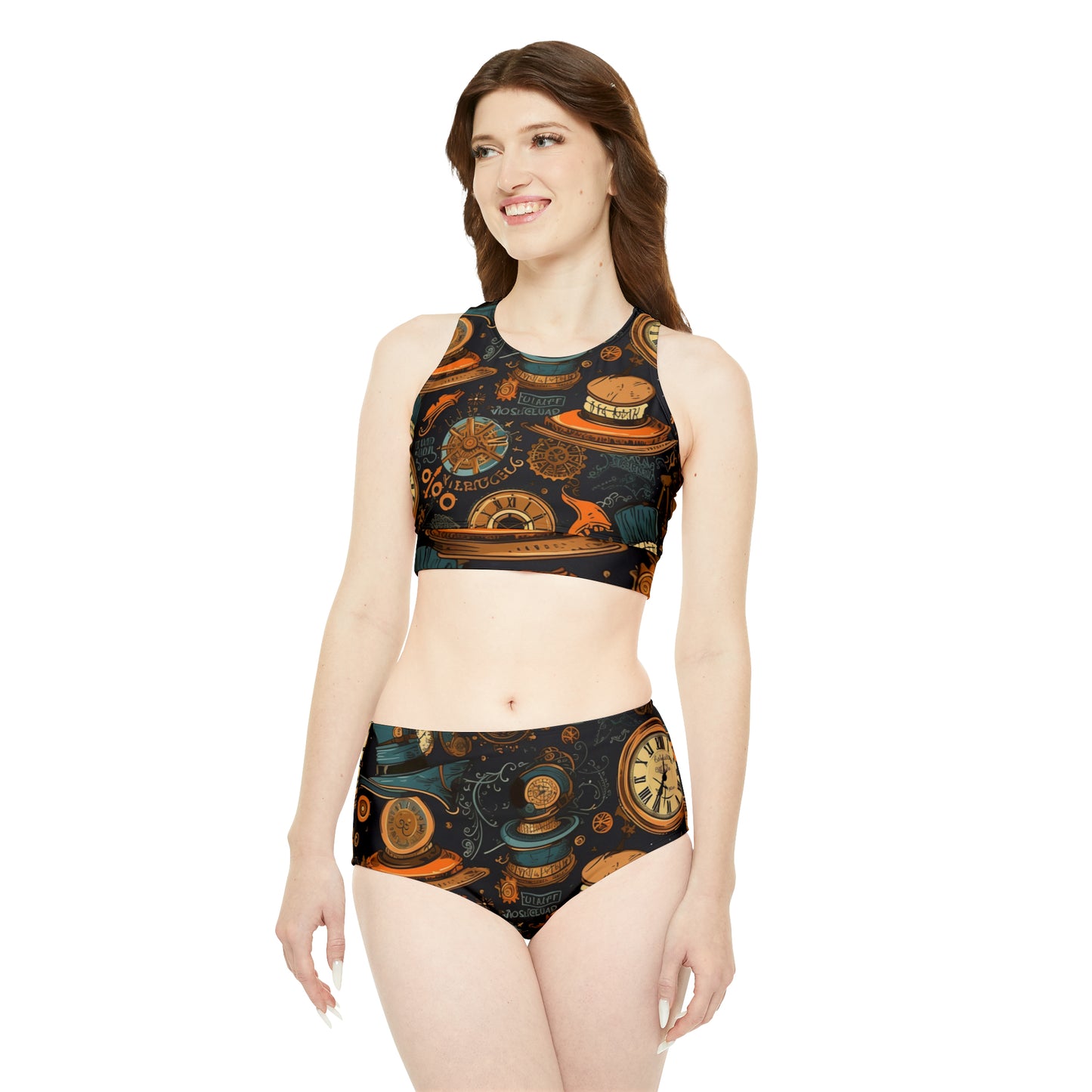 Steampunk Aesthetic: Gears, Top Hats & Vintage Clocks Design Sporty Bikini Set (AOP)