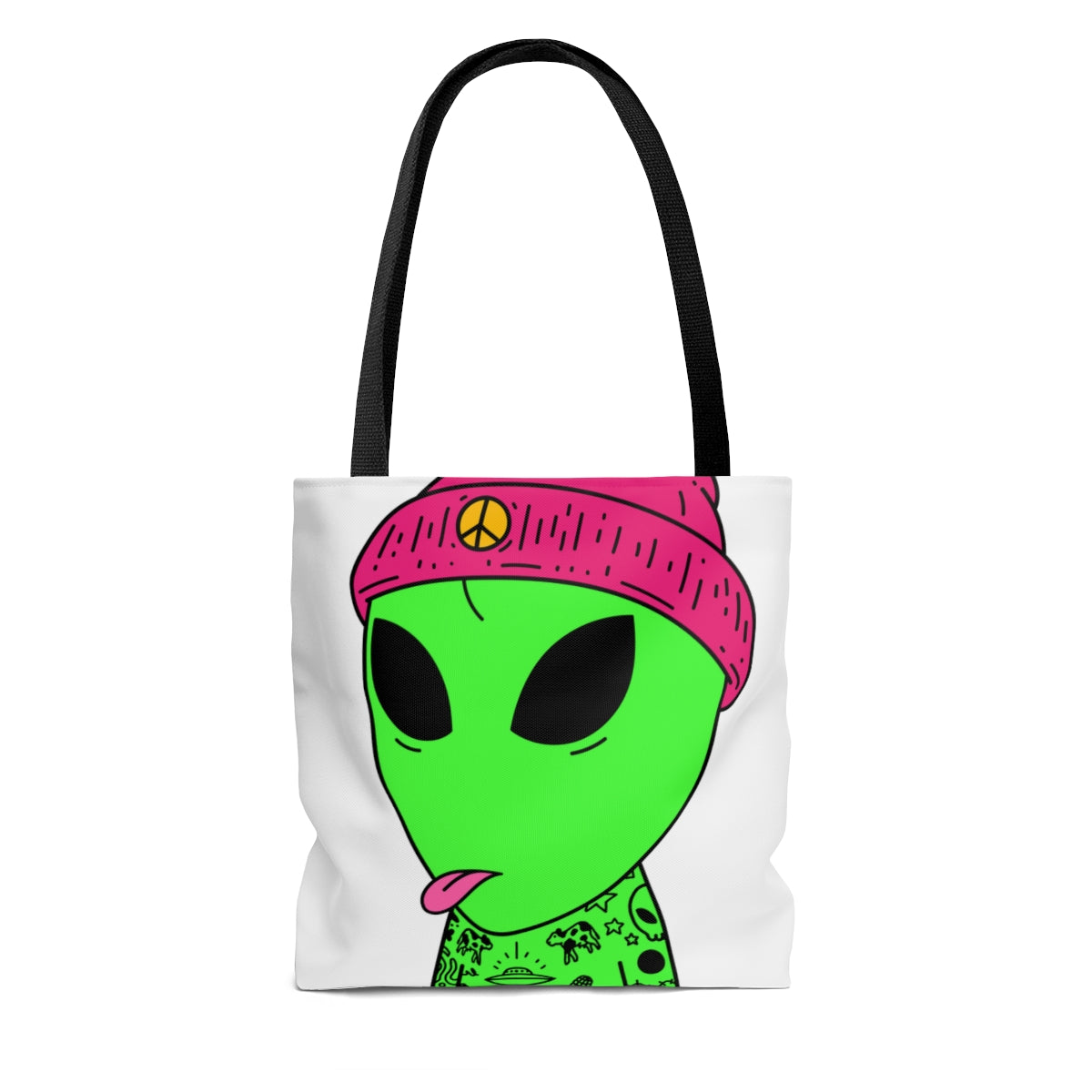 Pink Tongue Peace Hat Alien Tattoos UFO Space Extraterrestrial Visitor AOP Tote Bag