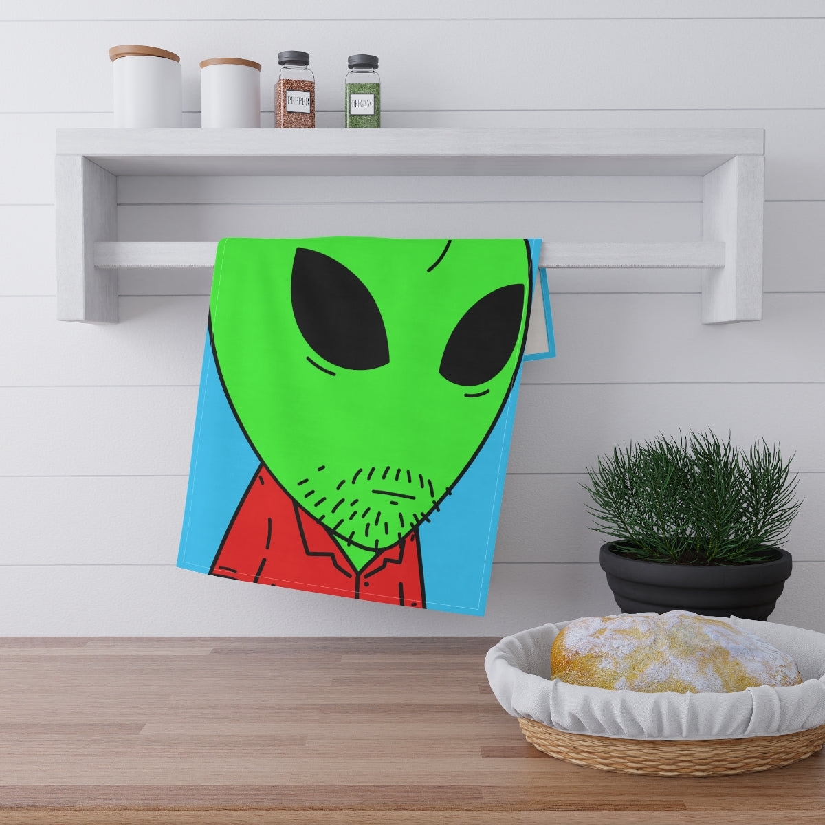 Alien con cabeza de manzana verde, camisa con cuello rojo sin afeitar, toalla de cocina para visitante 