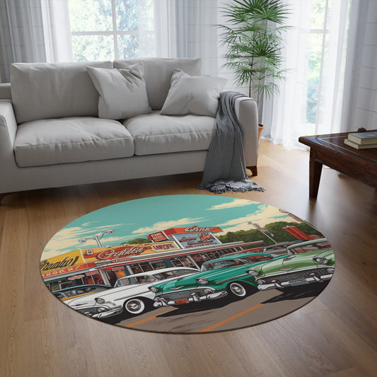 1950s Classic Car Collection Retro Artwork Round Rug