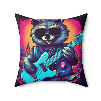 Raccoon Musician Art - Rock Star Guitarist Furry Animal Spun Polyester Square Pillow