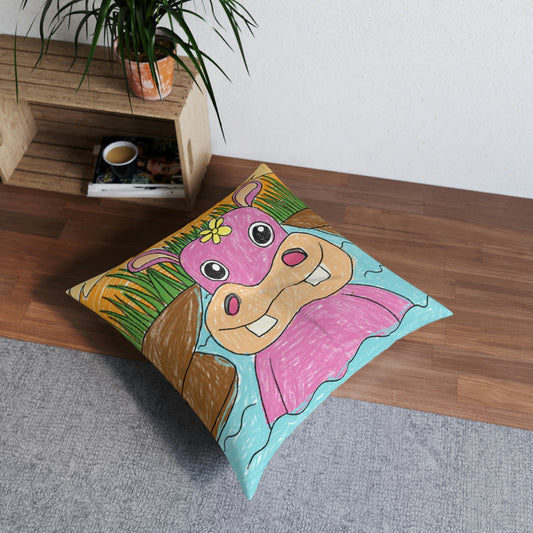 Hippo Hippopotamus Animal Creature Graphic Tufted Floor Pillow, Square