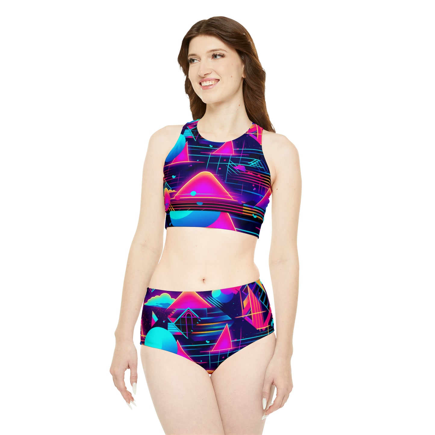 80s Synthwave Retro-Futuristic Inspired Pattern Design Sporty Bikini Set (AOP)