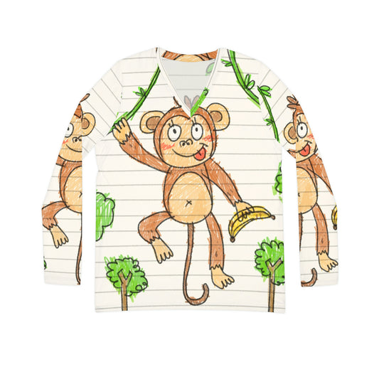 グラフィック モンキー - 猿愛好家のための楽しい動物園の服 レディース 長袖 V ネック シャツ