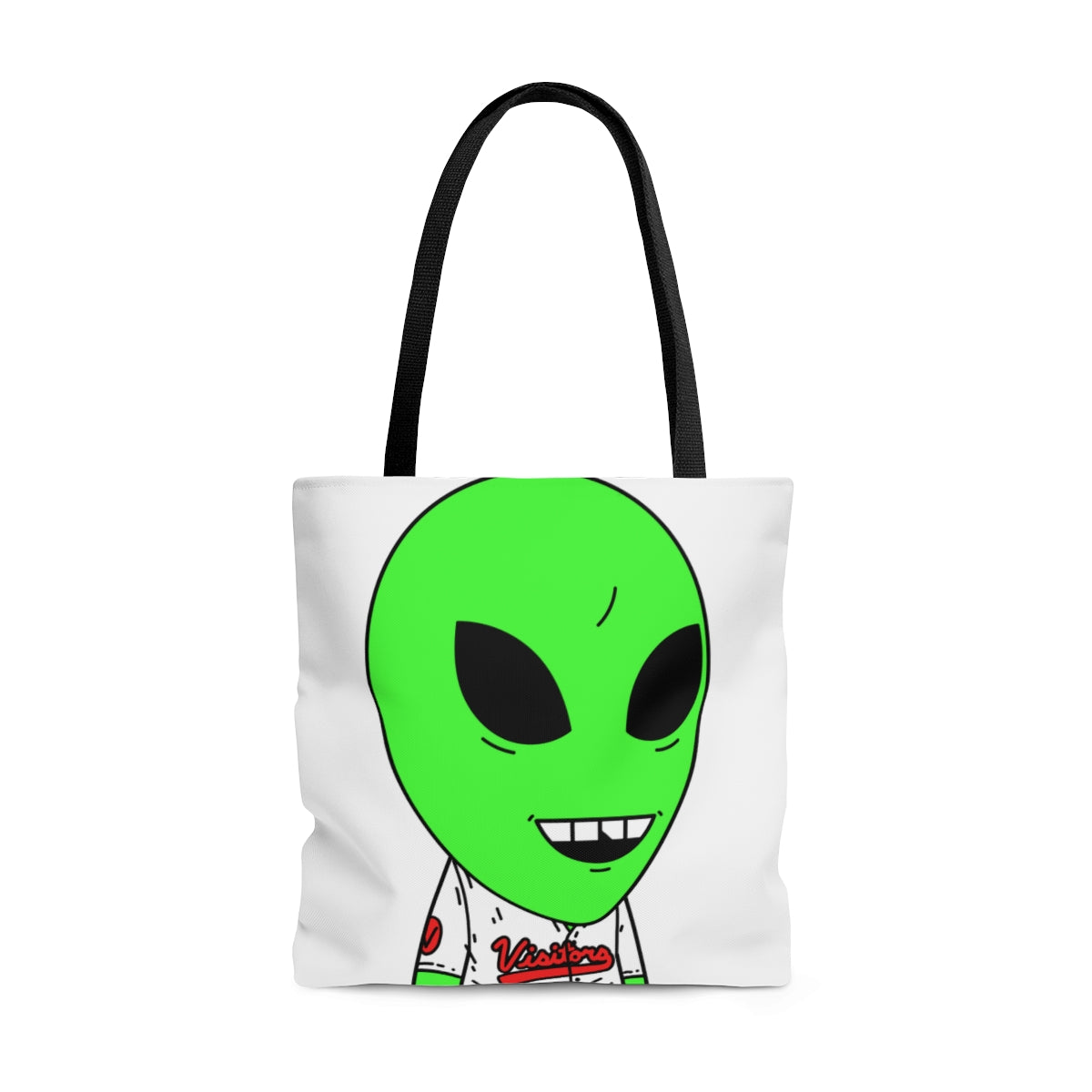 Visi Jersey Chipped Tooth Large Smile Face Green Alien Visitor AOP Tote Bag