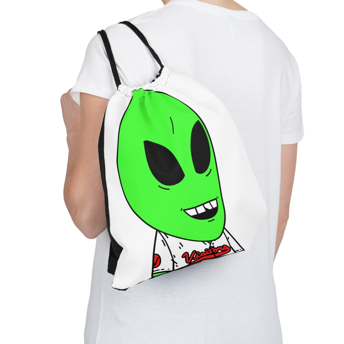 Visi Jersey Chipped Tooth Large Smile Face Green Alien Visitor Outdoor Drawstring Bag
