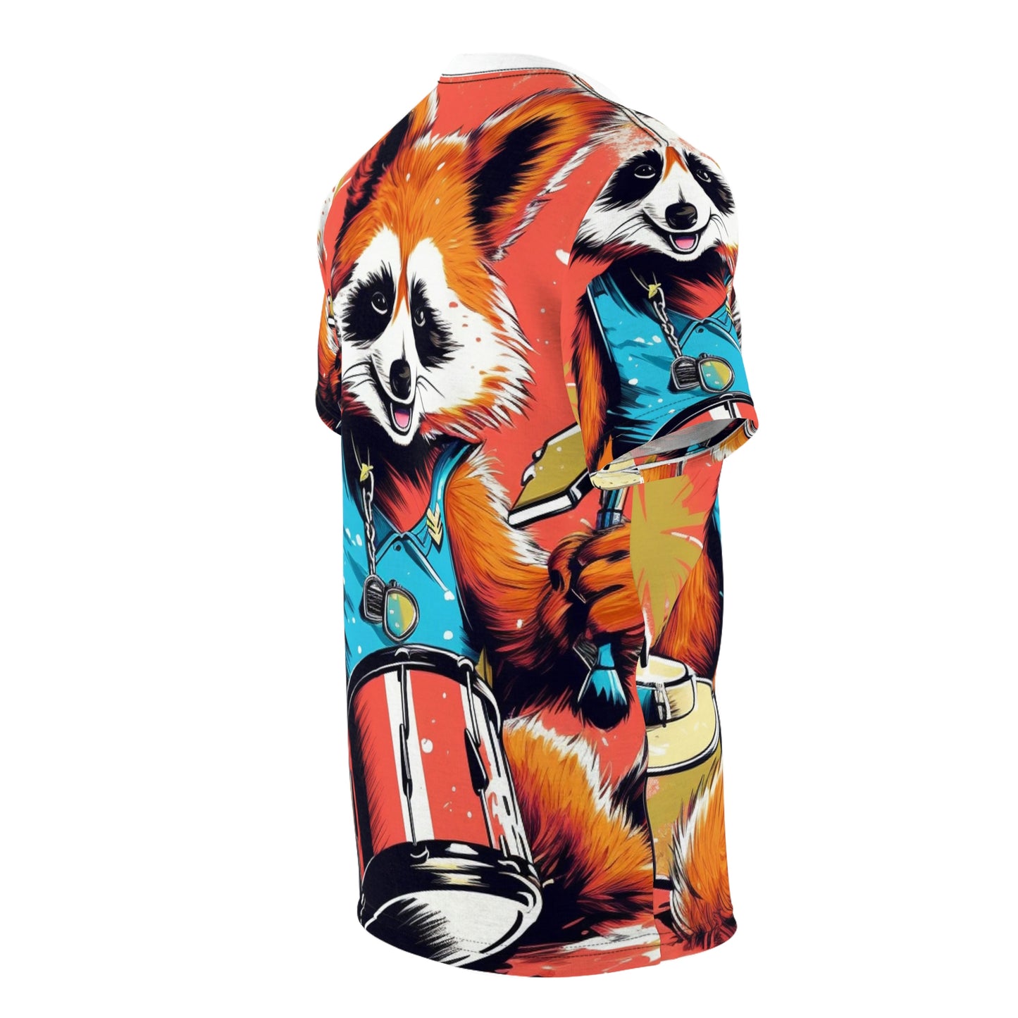 Red Panda Drum Music Player Graphic Camiseta unisex cortada y cosida (AOP) 