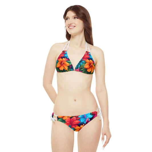 Vibrant Hawaiian-Inspired Tropical Floral Pattern Design Strappy Bikini Set (AOP)