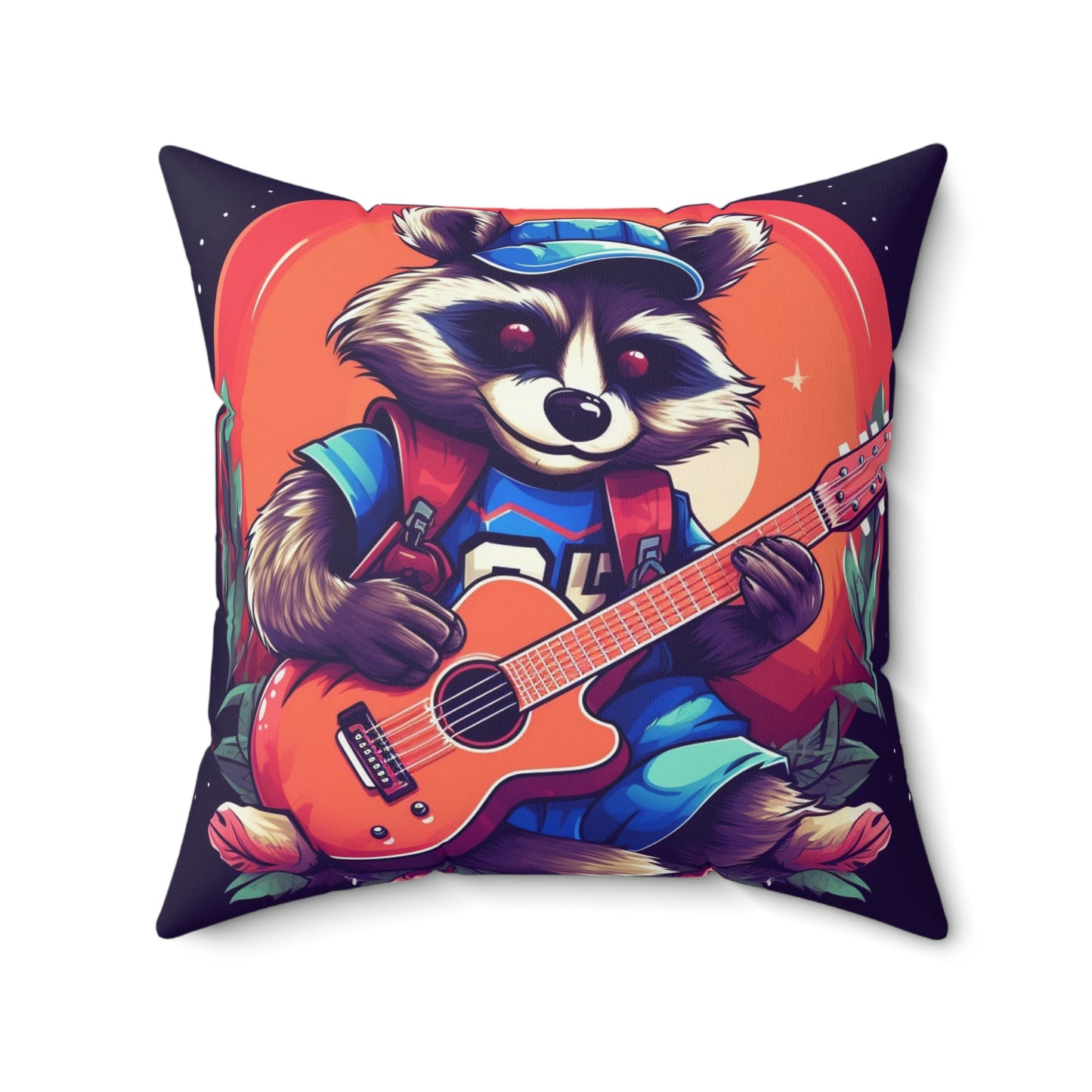 Mapache de guitarra acústica - Almohada cuadrada de poliéster hilado con decoración de músico animal peludo 