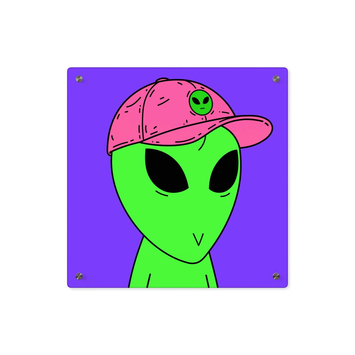 Green Alien V Face Pink Visi hat Visitor Acrylic Wall Art Panels