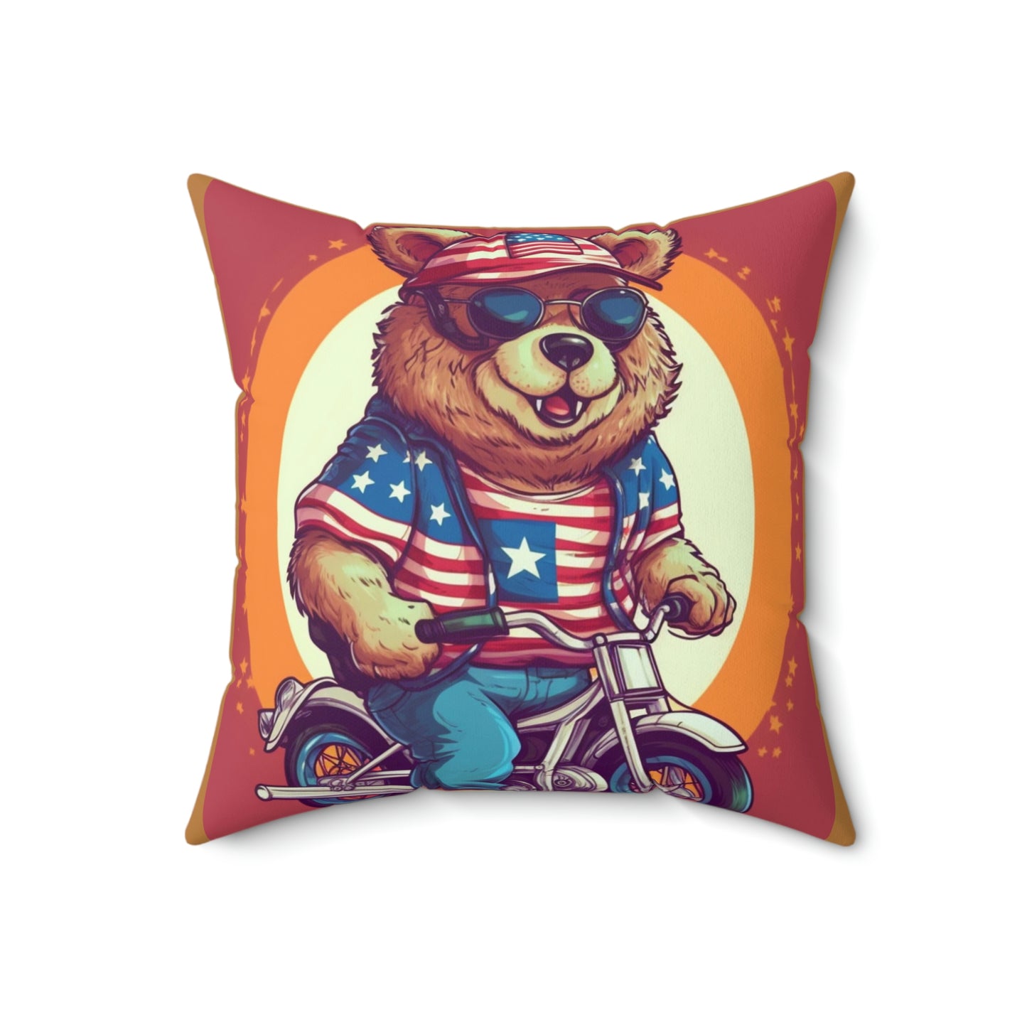 Andar en bicicleta con orgullo americano: Celebre el 4 de julio con la almohada cuadrada de poliéster hilado Patriotic Bear's Ride 