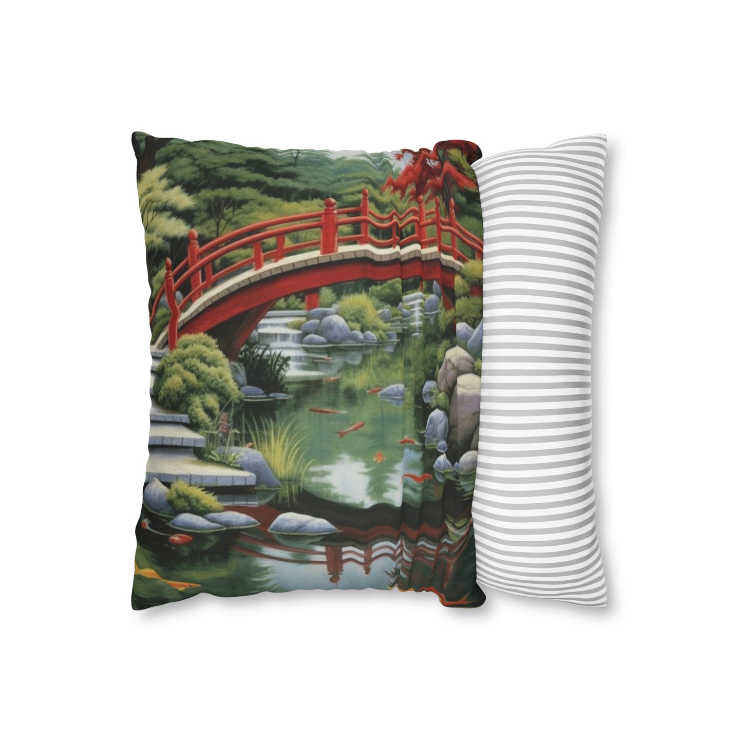 Japanese Garden Art - Tranquil Koi Pond Red Bridge Spun Polyester Square Pillow Case