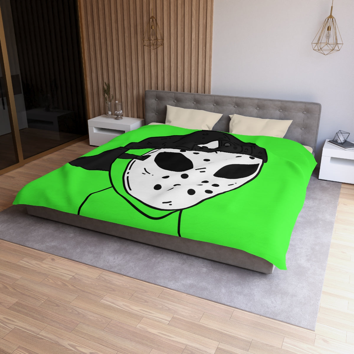 White Hockey Mask Green Alien Visitor Microfiber Duvet Cover