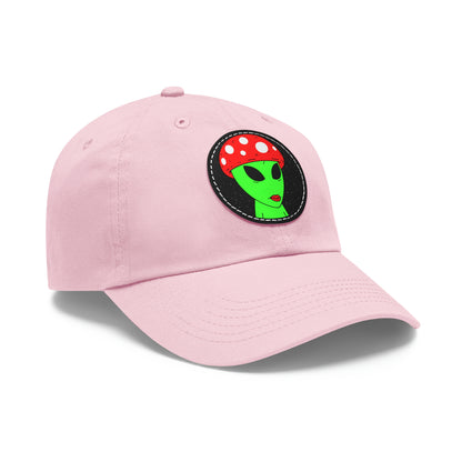 Mushroom Head Green Alien Visitor w/ Red Lips Dad Hat with Leather Patch (Round)