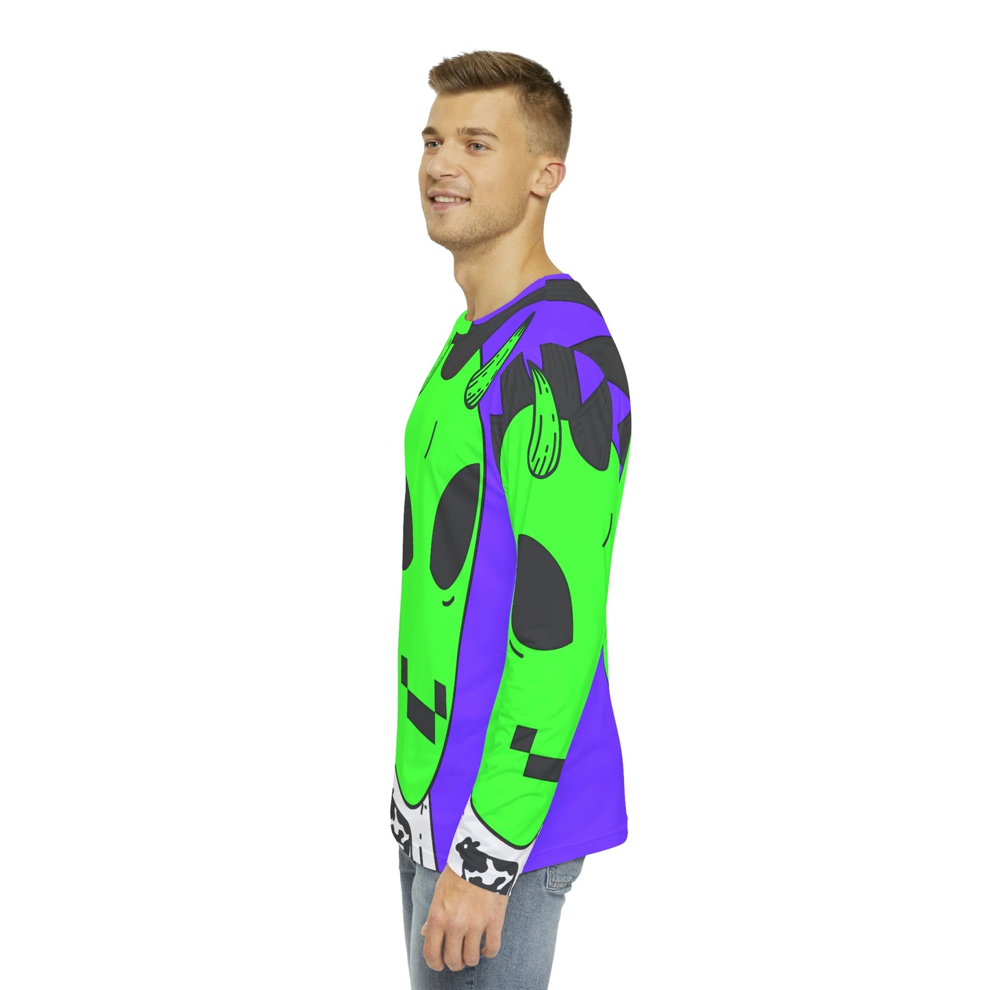 Camisa AOP de manga larga para hombre con sonrisa digital y pelo negro con punta alienígena verde vaca 