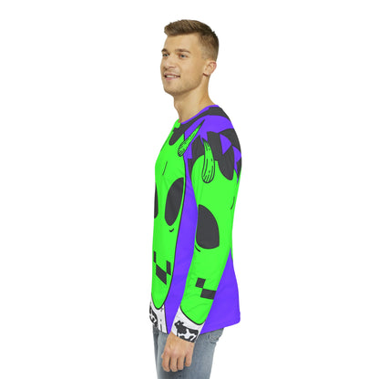 Camisa AOP de manga larga para hombre con sonrisa digital y pelo negro con punta alienígena verde vaca 