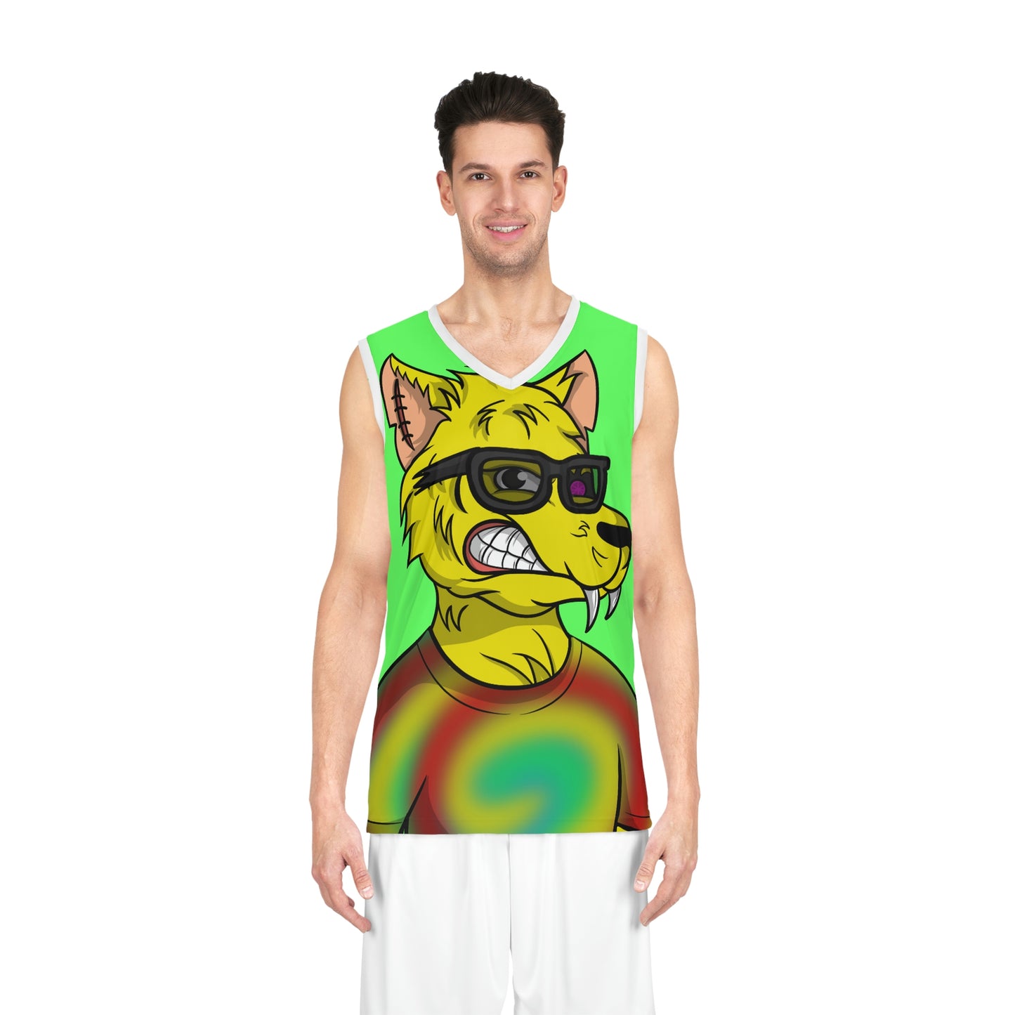 Lobo Cyborg Tie Dye Camisa de lobo Piel amarilla Gafas de sol frescas Camiseta de baloncesto 