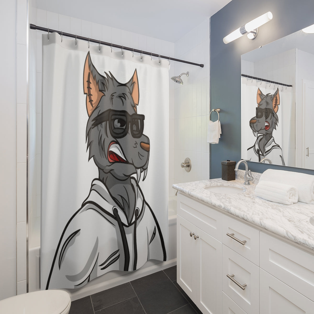 Cyborg Wolf Black Shades White Sweatshirt Hoodie Shower Curtains