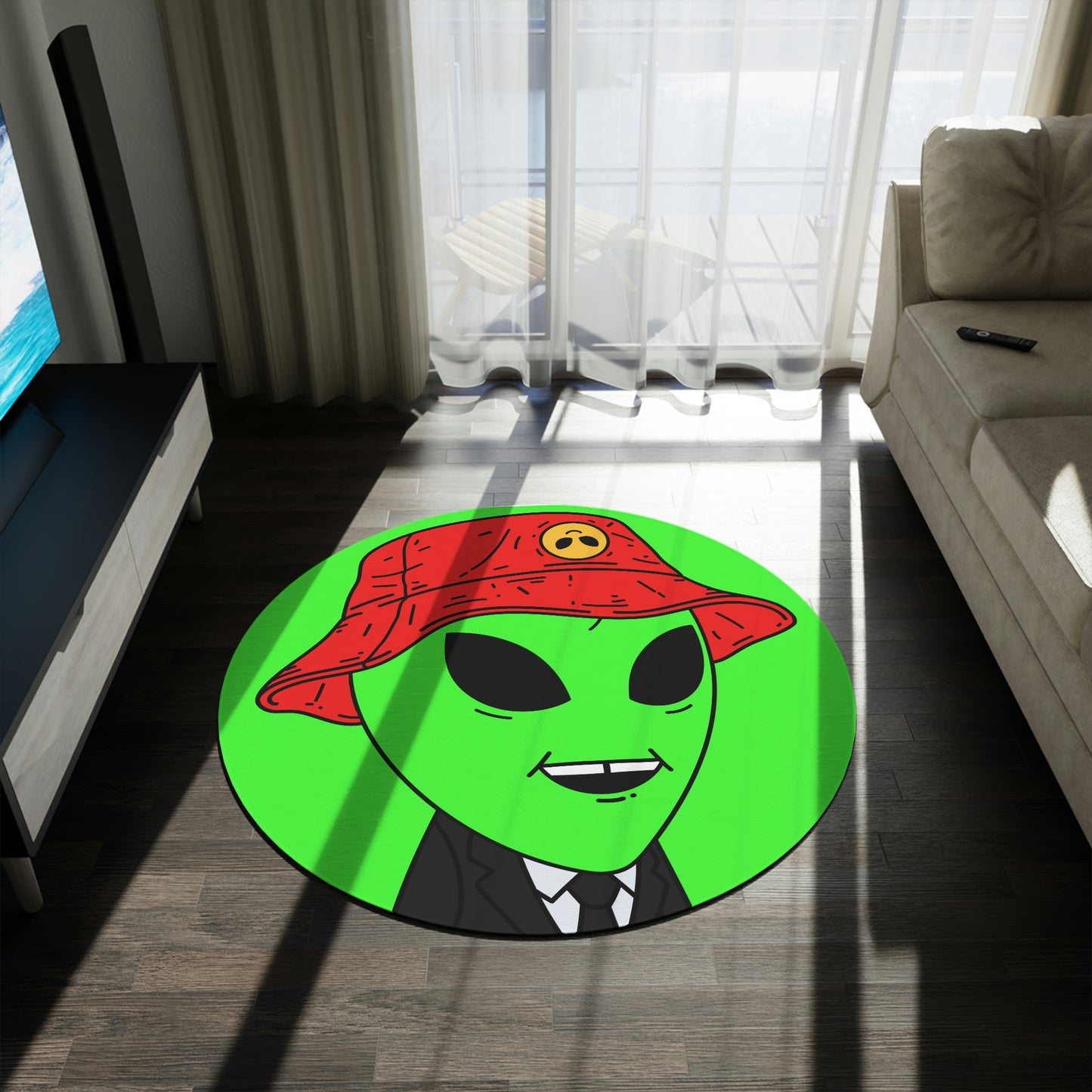 Extra Green Alien Black Suit Business Visitor Red Visi Hat Chipped Tooth Smile Round Rug - Visitor751