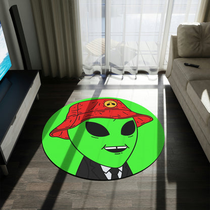 Extra Green Alien Black Suit Business Visitor Red Visi Hat Chipped Tooth Smile Round Rug - Visitor751