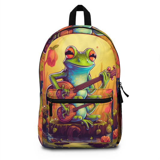 Log Frog Playing Instrument Tune Music Outdoor Swamp Graphic Backpack