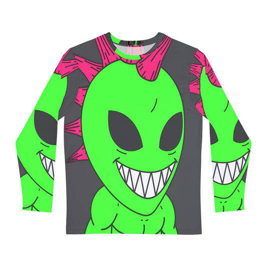 Camisa AOP de manga larga para hombre con pelo rosa con pinchos, gran sonrisa, verde, alienígena, visitante 