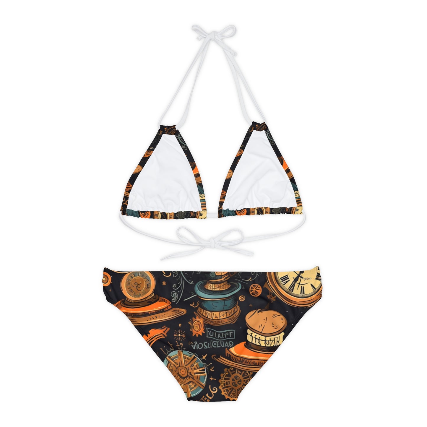 Steampunk Aesthetic: Gears, Top Hats & Vintage Clocks Design Strappy Bikini Set (AOP)