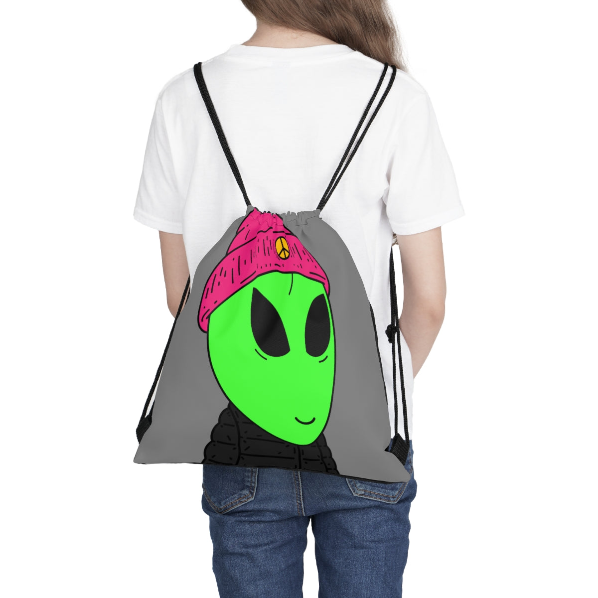 The Visitors Green Alien Peace Outdoor Drawstring Bag