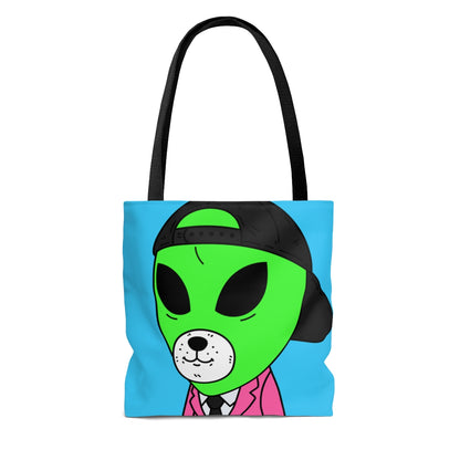 White Bear Dog Face Pink Suit Green Alien Visitor Black Cap AOP Tote Bag