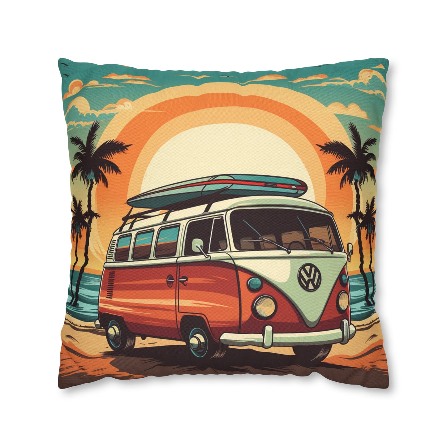 Retro Beach Camper Van - Sunset Surfboard Scene Spun Polyester Square Pillow Case