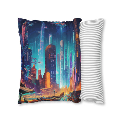 Futuristic Neon Cyberpunk Cityscape Art Design Spun Polyester Square Pillow Case