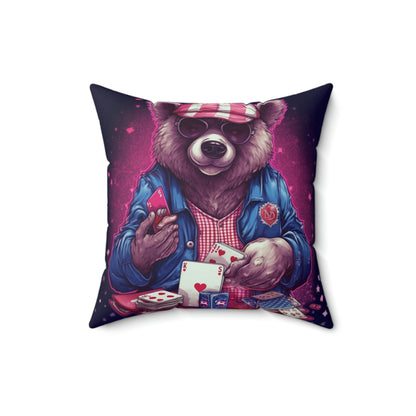 Patriotic Bear Playing Poker: A Winning Hand 4th of July Celebration Spun Polyester Square Pillow