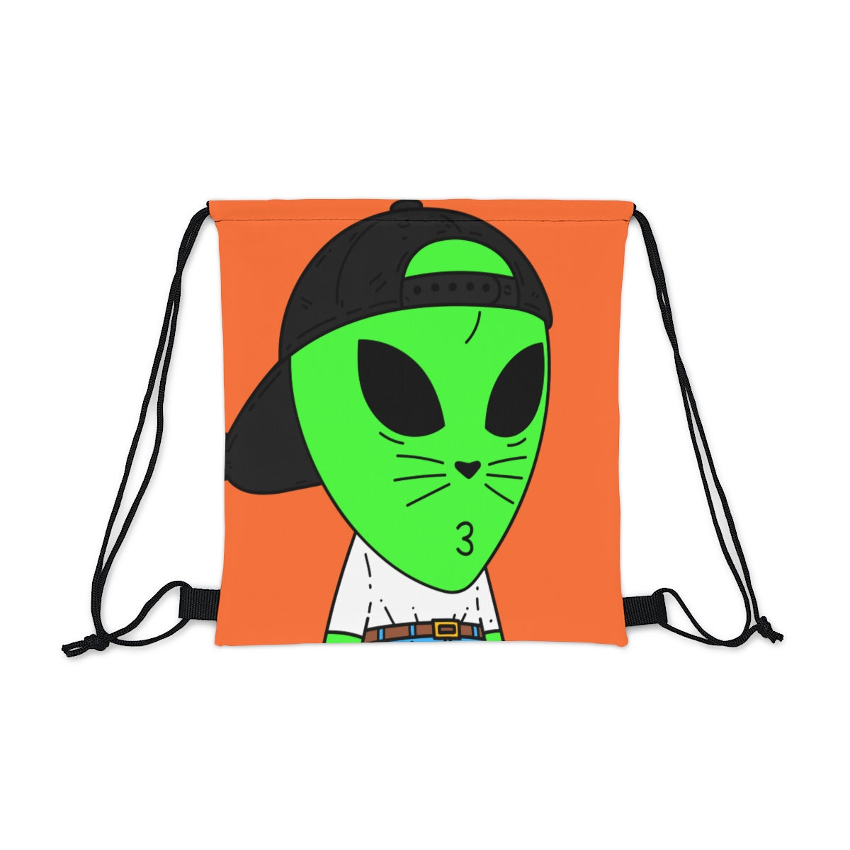 Cat Whiskers Visitor Green Alien Heart Nose Black Cap Outdoor Drawstring Bag