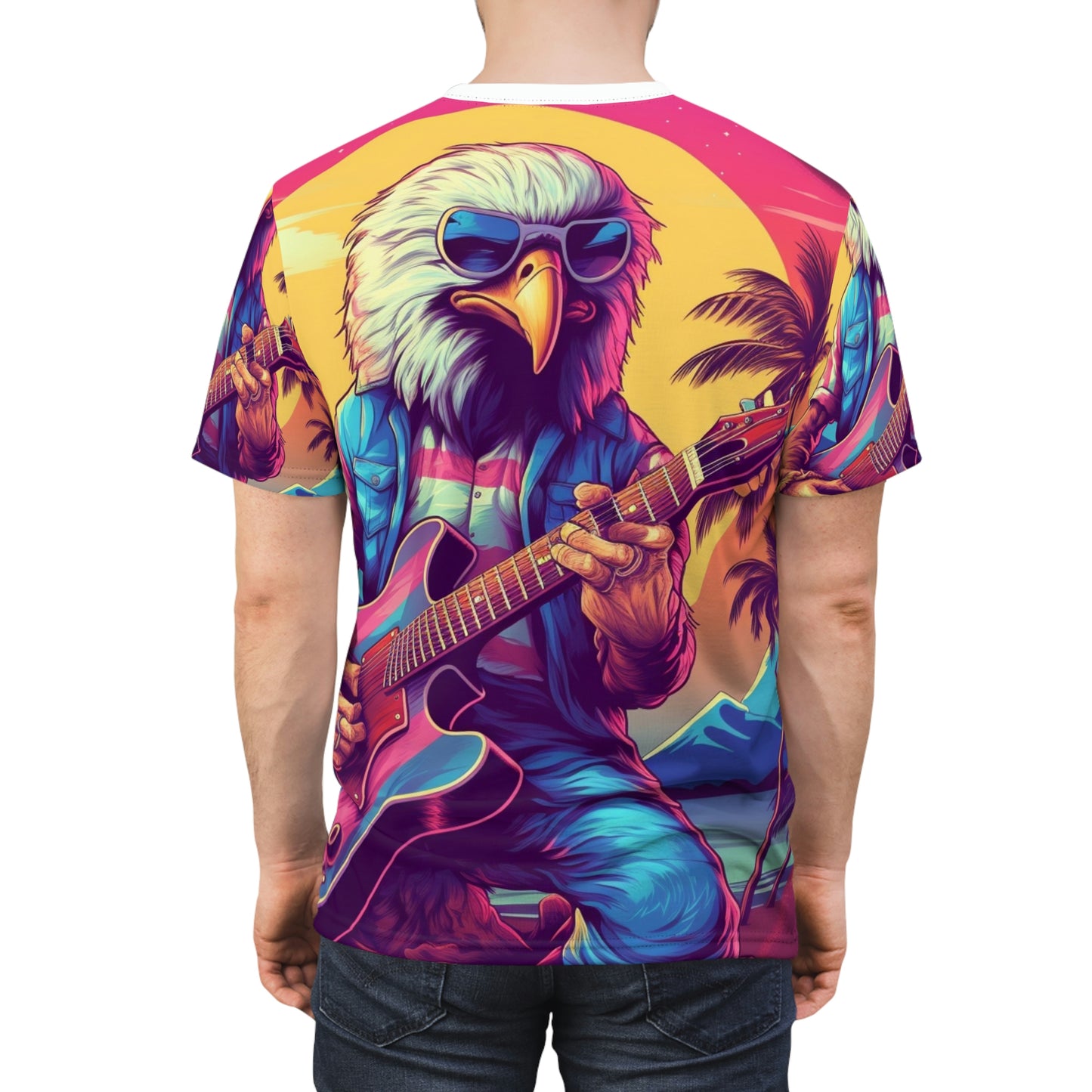 Patriotic Bald Eagle Guitarrista USA Band Design Camiseta unisex cortada y cosida (AOP) 