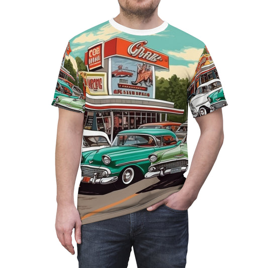 Colección de coches clásicos de los años 50 Obra de arte retro Camiseta unisex cortada y cosida (AOP)